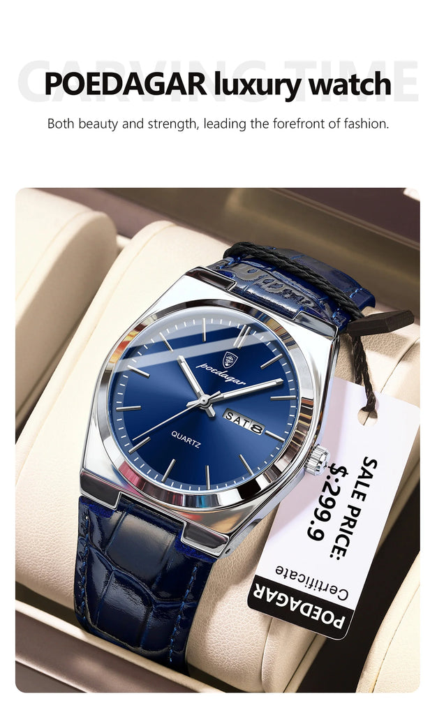 POEDAGAR Luxury Trend Men Watch Waterproof Luminous Date Week Man Wristwatch Military Outdoor Leather Men's Quartz Watches Reloj