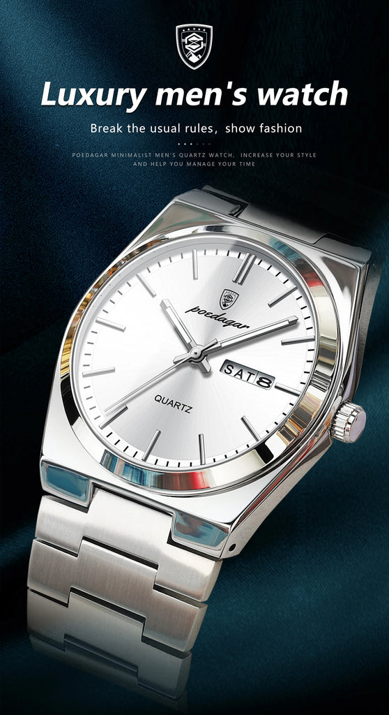 POEDAGAR Luxury Business Man Wristwatch Waterproof Luminous Stainless Steel Men Watch Date Week Fashion Quartz Men's Watches+Box