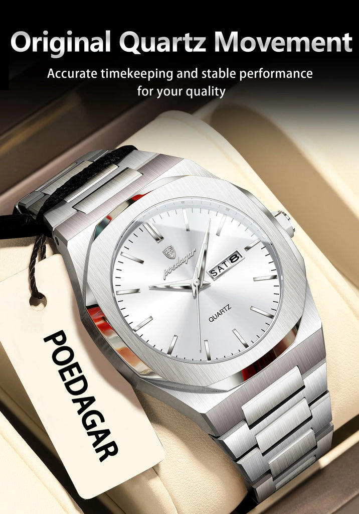 POEDAGAR Fashion Brand Male Wristwatch Waterproof Luminous Stainless Steel Men Clock Date Week Casual Quartz Men's Watches Reloj