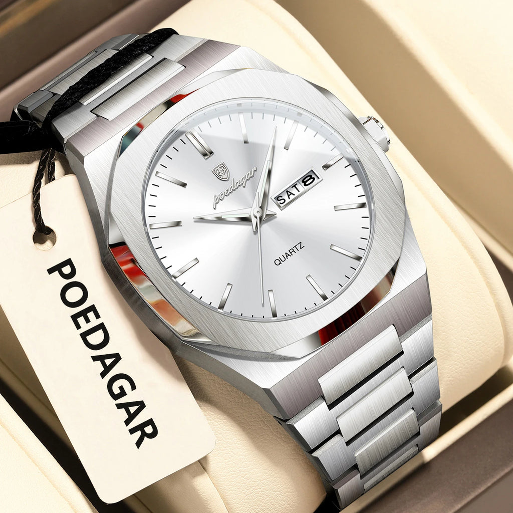 POEDAGAR Fashion Brand Male Wristwatch Waterproof Luminous Stainless Steel Men Clock Date Week Casual Quartz Men's Watches Reloj
