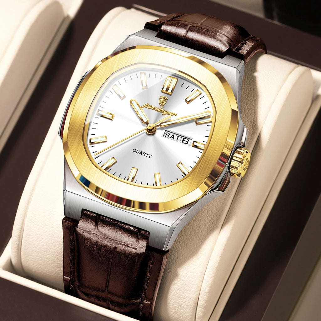 POEDAGAR High Quality Watch For Men Luxury Luminous Waterproof Week Calendar Man Clock Leather Square Men's Quartz Watches Reloj