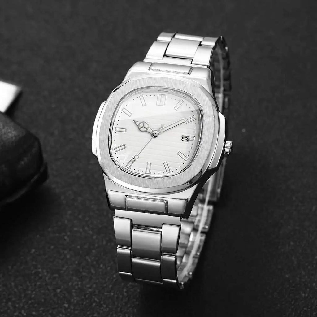 Luxury Men Business Watches Fashion Square Dial Stainless Steel Strap Quartz Watch with Calendar For Mens Clock（Without Box）