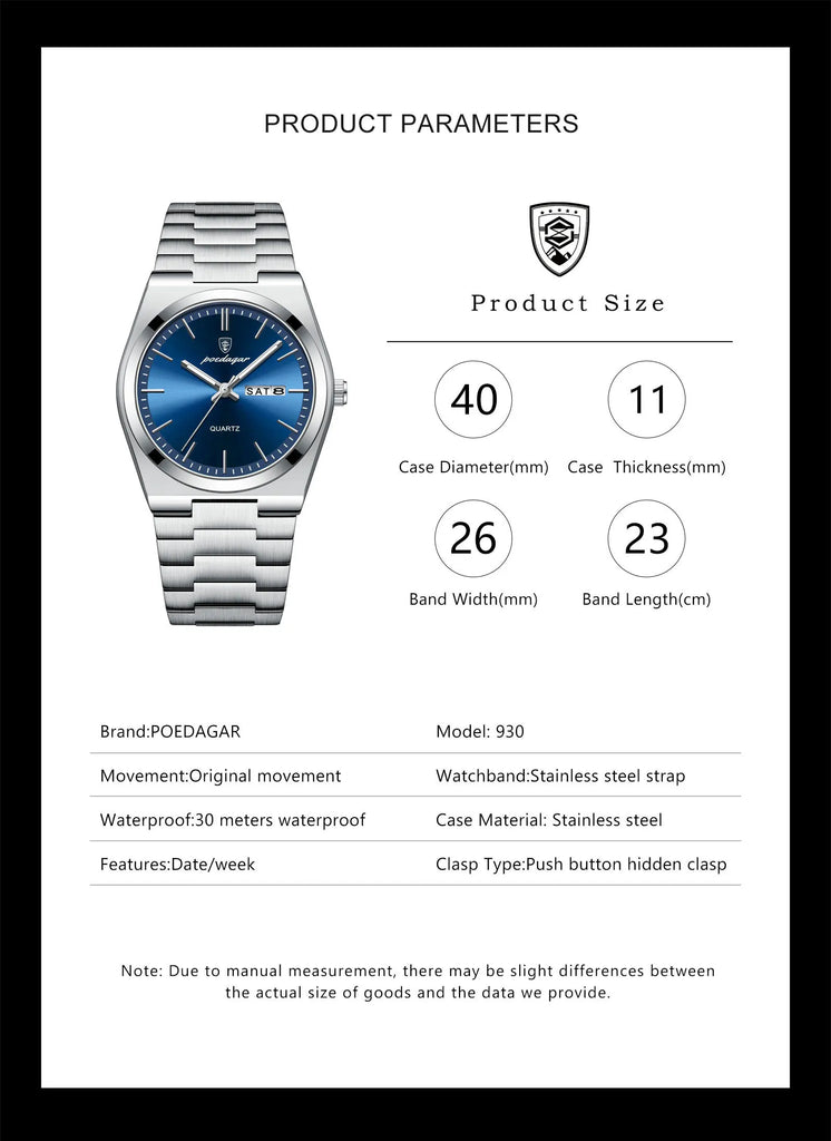 POEDAGAR High Quality Watches For Men Stainless Steel Waterproof Luminous Man Watch Date Week Luxury Business Quartz Men's Watch