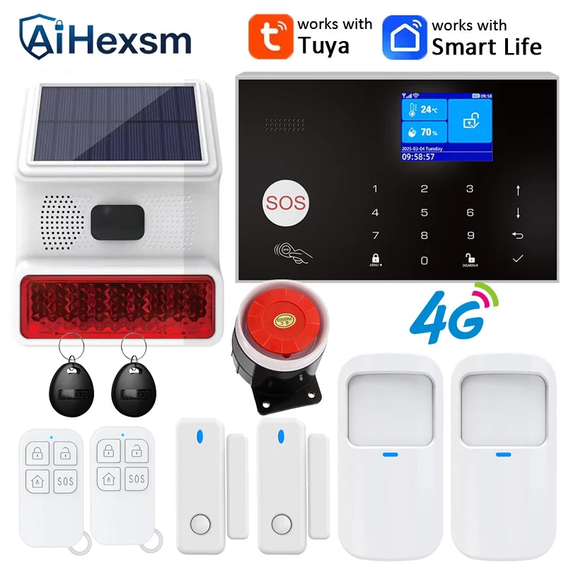 Home 4G GSM Alarm Security System 433MHz Wireless 2.4G WIFI Smart Alarm Kit Works with TUYA Smart Life APP Compatible with Alexa
