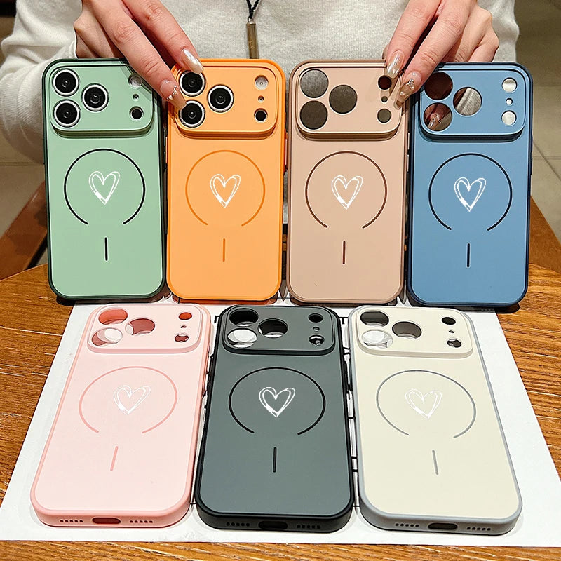 Magnetic Simple Love Print Phone Case For iPhone 17 ProMax 16 15 14 13 Pro Max For Magsafe Wireless Charge Shockproof Hard Cover