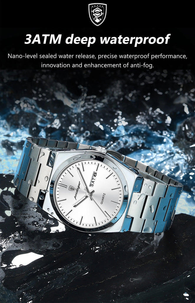 POEDAGAR Luxury Business Man Wristwatch Waterproof Luminous Stainless Steel Men Watch Date Week Fashion Quartz Men's Watches+Box
