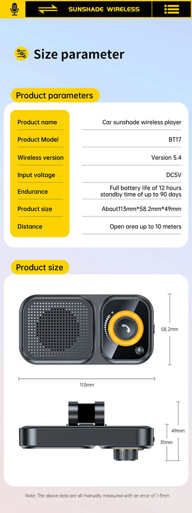 Bluetooth 5.4 Speaker Handsfree Car Kit Sun Visor Clip Wireless Audio Receiver Speakerphone Loud Music Player with Ambient Light
