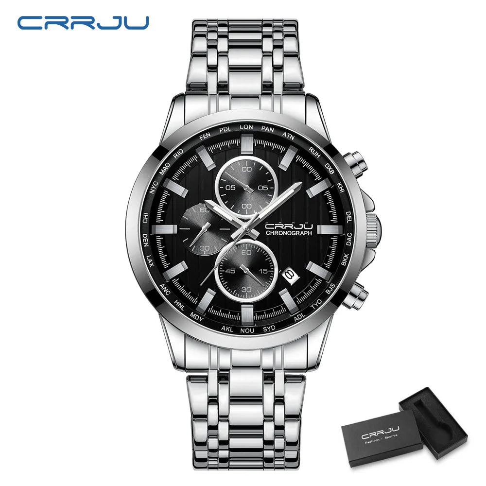 CRRJU Brand Creative Multifunction Male Wristwatch Date Display Stainless steel Men Quartz Watch Waterproof Sports Chronograph