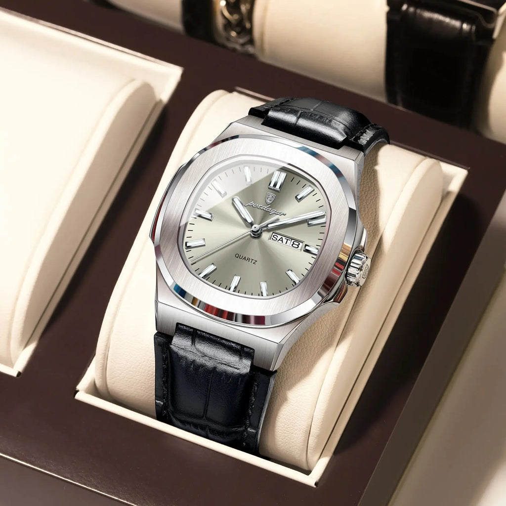 POEDAGAR High Quality Watch For Men Luxury Luminous Waterproof Week Calendar Man Clock Leather Square Men's Quartz Watches Reloj