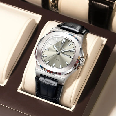 POEDAGAR High Quality Watch For Men Luxury Luminous Waterproof Week Calendar Man Clock Leather Square Men's Quartz Watches Reloj