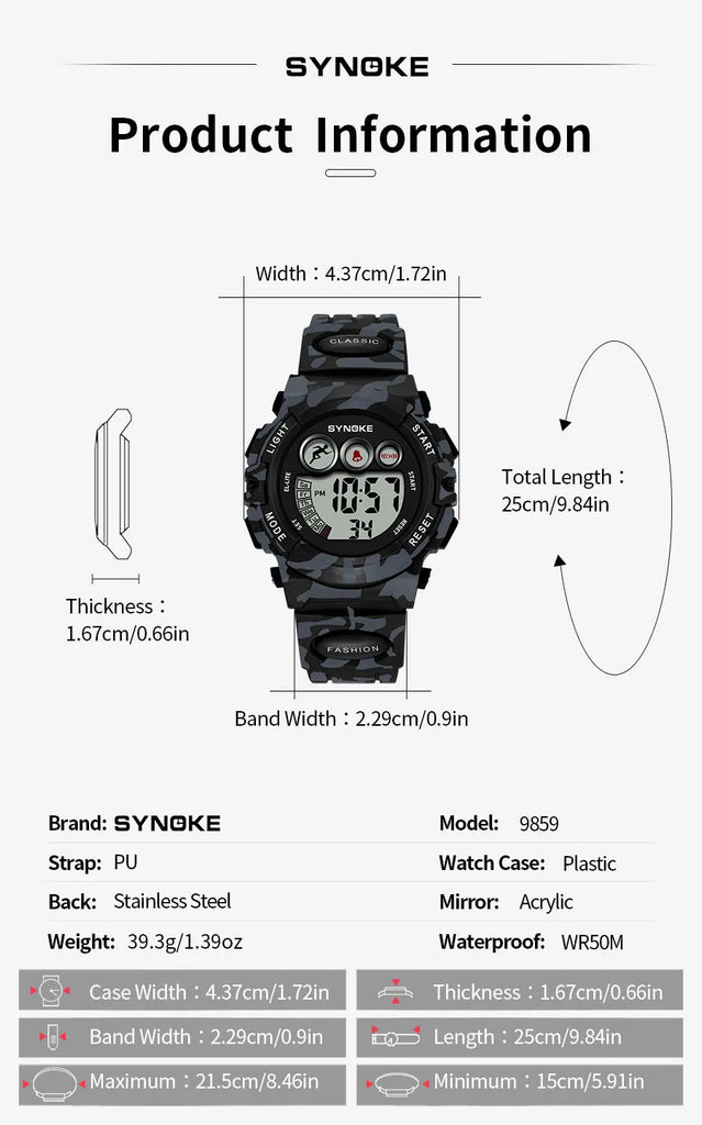 SYNOKE Student Sport Watches For Kids Colorful Electronic Watches 50M Waterproof Clock Children Digital Watch For Boys Girls