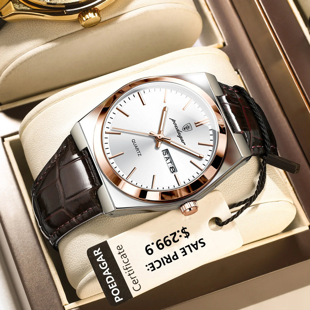 POEDAGAR Luxury Trend Men Watch Waterproof Luminous Date Week Man Wristwatch Military Outdoor Leather Men's Quartz Watches Reloj