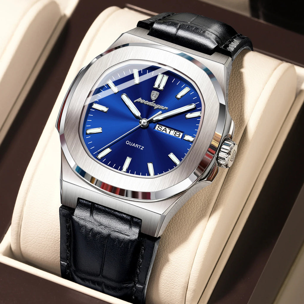 POEDAGAR High Quality Watch For Men Luxury Luminous Waterproof Week Calendar Man Clock Leather Square Men's Quartz Watches Reloj