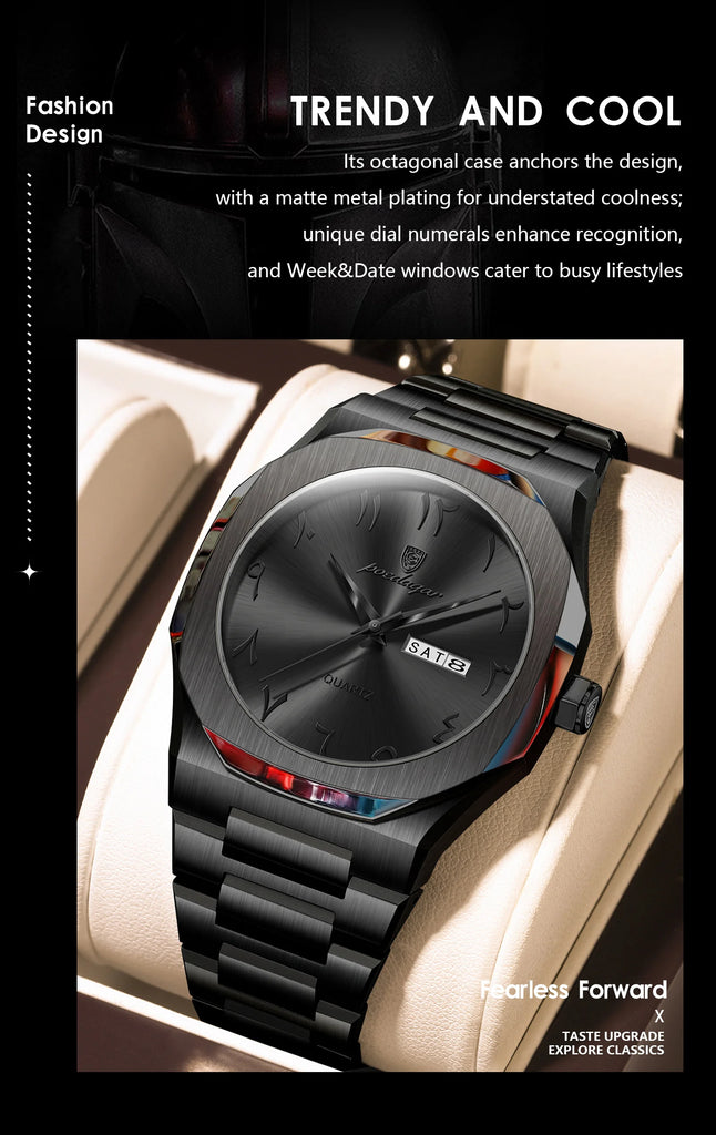 POEDAGAR Military Watch For Men Waterproof Luxury Week Calendar Man Wristwatch Quartz Stainless Steel Fashion Men's Watches Male