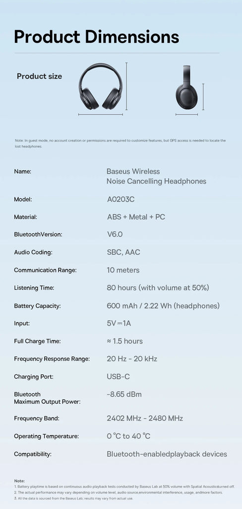 Baseus Wireless Headphones Bluetooth 5.3 HIFI Level Earphone 40mm Driver Foldable Over Ear Headsets 70H Playtime Spatial Audio