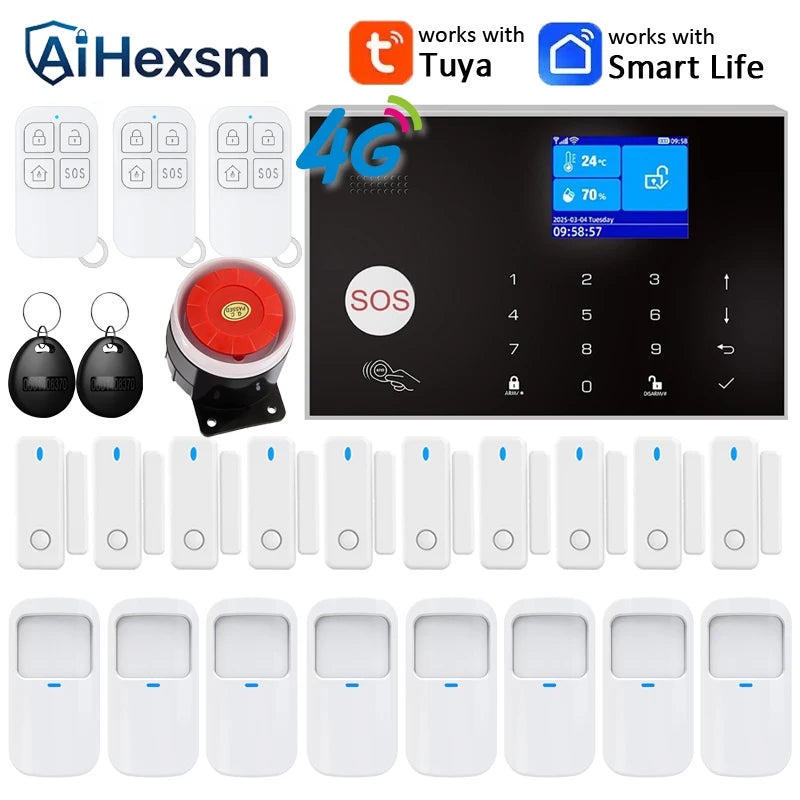 Home 4G GSM Alarm Security System 433MHz Wireless 2.4G WIFI Smart Alarm Kit Works with TUYA Smart Life APP Compatible with Alexa