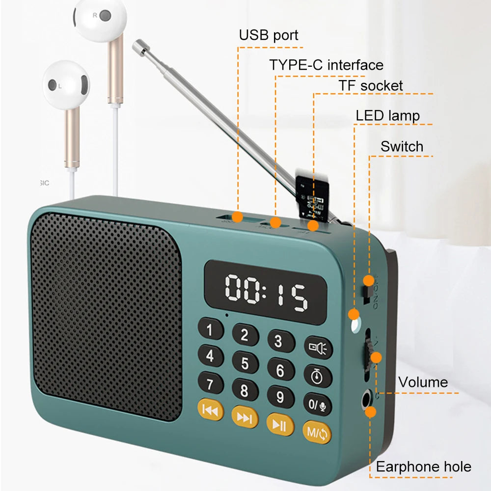 Bluetooth 5.0 Portable FM Radio Small Emergency Recargable Sound Box Mini Vintage Speaker Mp3 Player Support TF Card USB Drive