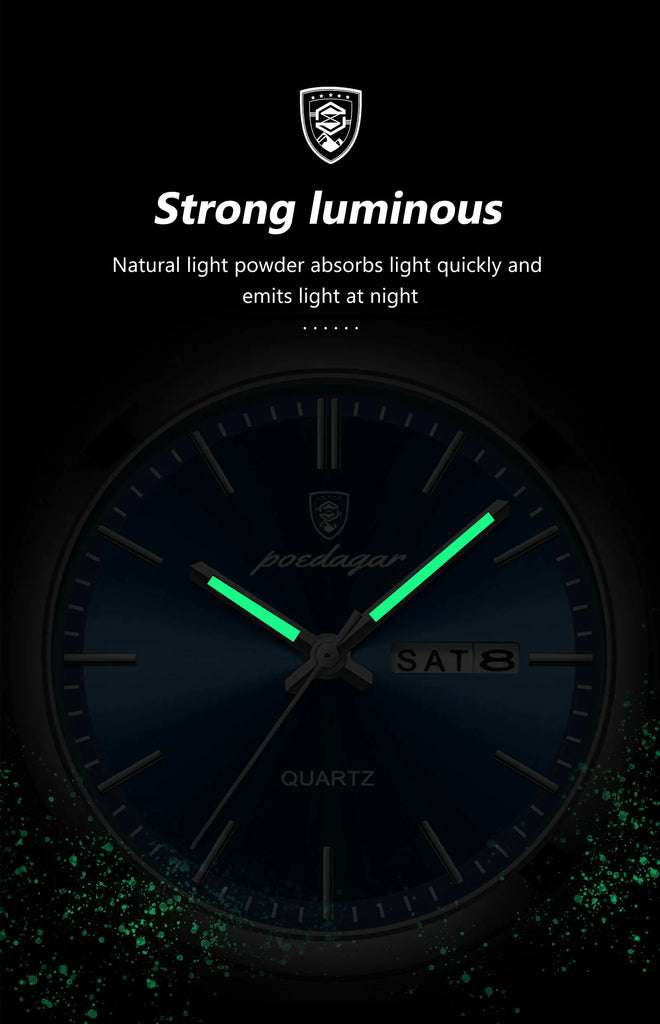 POEDAGAR High Quality Watches For Men Stainless Steel Waterproof Luminous Man Watch Date Week Luxury Business Quartz Men's Watch