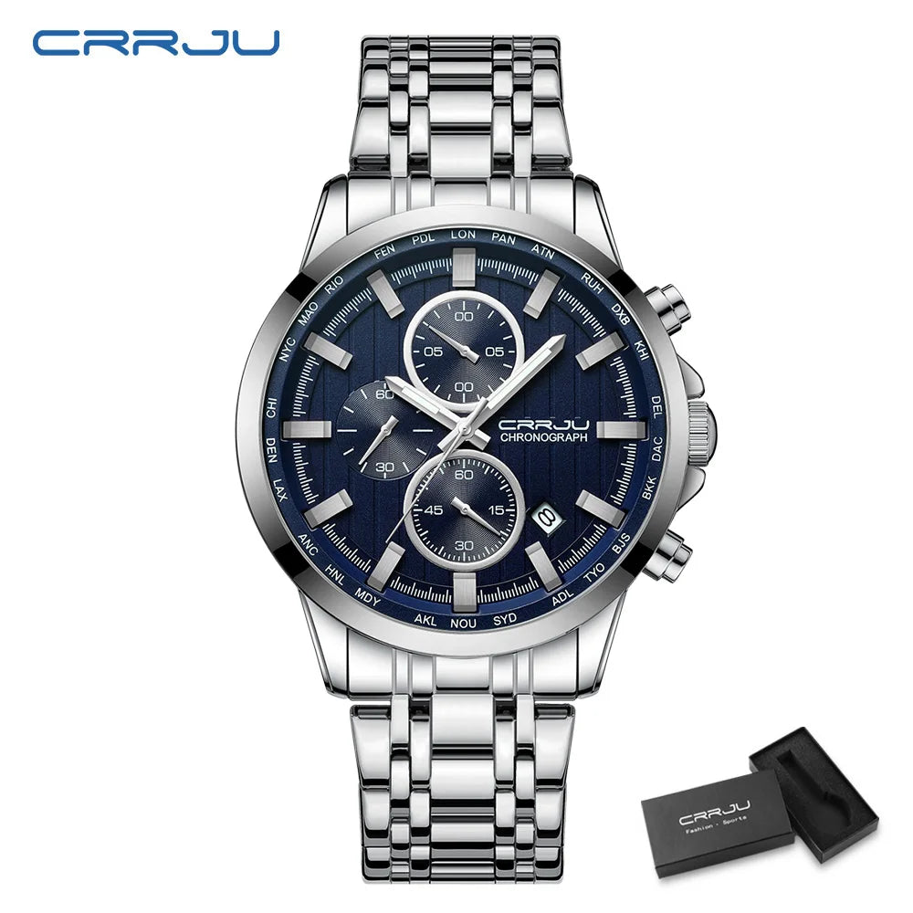 CRRJU Brand Creative Multifunction Male Wristwatch Date Display Stainless steel Men Quartz Watch Waterproof Sports Chronograph