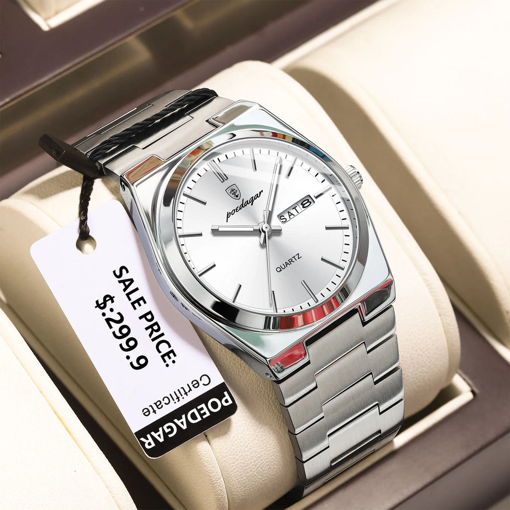 POEDAGAR High Quality Watches For Men Stainless Steel Waterproof Luminous Man Watch Date Week Luxury Business Quartz Men's Watch
