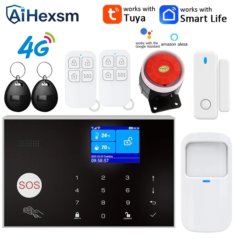 Home 4G GSM Alarm Security System 433MHz Wireless 2.4G WIFI Smart Alarm Kit Works with TUYA Smart Life APP Compatible with Alexa